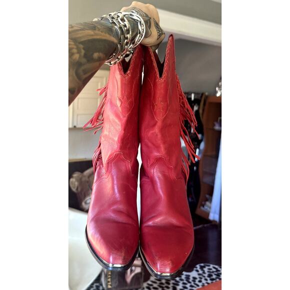 Vintage ACME Red Leather Fringe Cowboy Boots – Women’s Size 8 - Picture 2 of 6